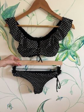Oysho Black Polka Dot Bikini Set - Ruffle Swim Top & Tie-Side Bottom